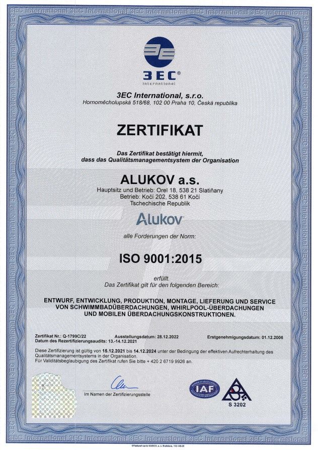 ISO 9001-Zertifikat für Alukov