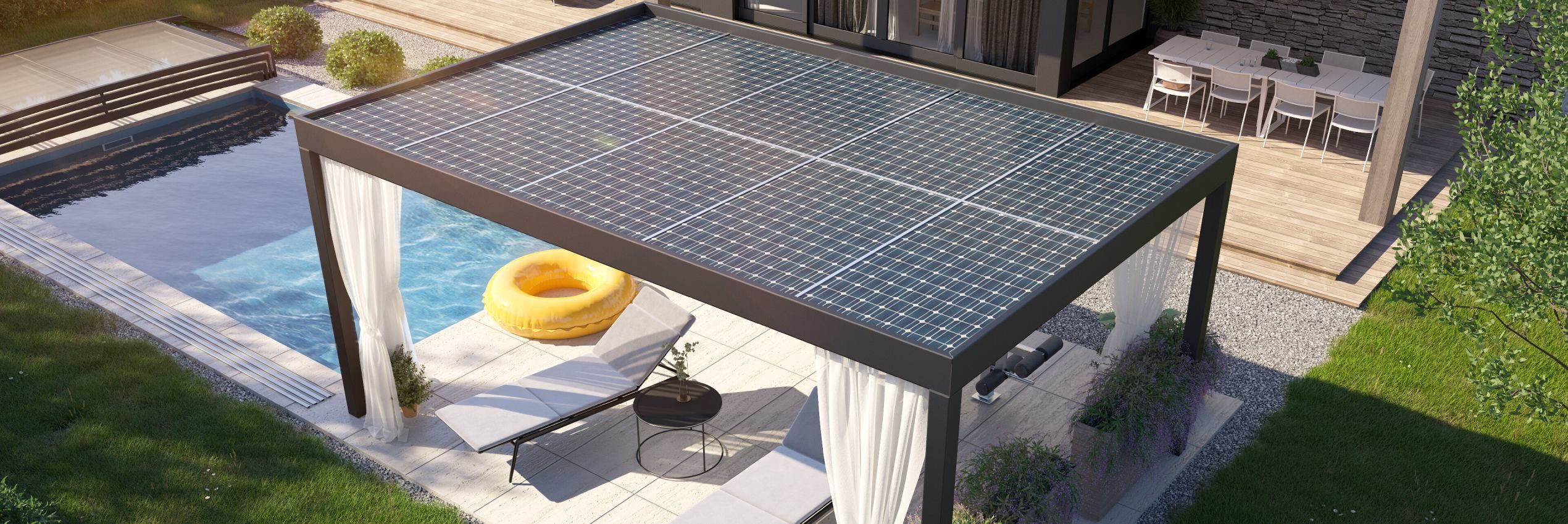 Pergola Solar autonomous energy source for swimming pool
