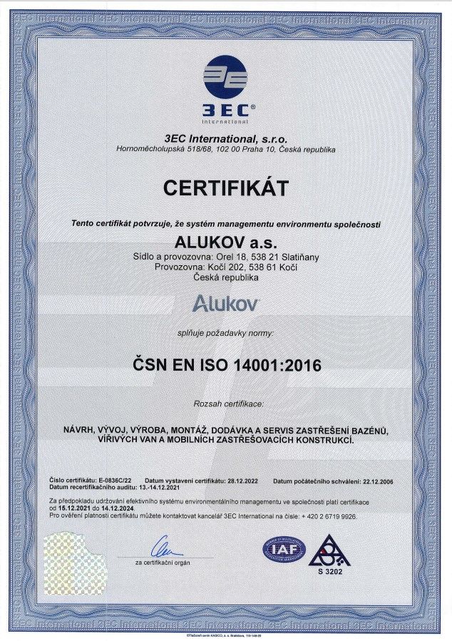 Certifikát ISO 14001 pro společnost Alukov