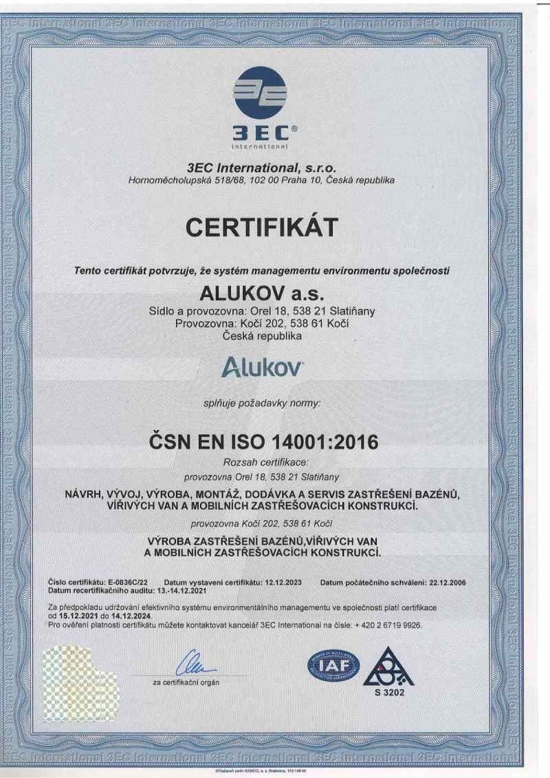 Certifikát ISO 14001 pro společnost Alukov