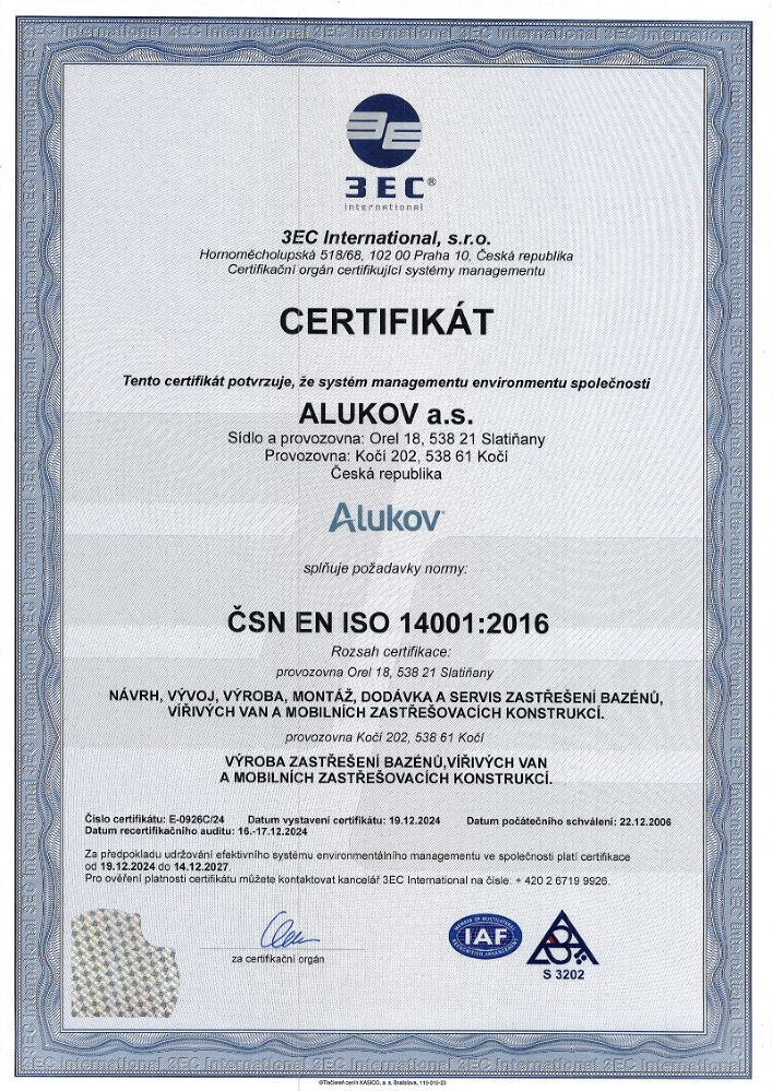 Certifikát ISO 14001 pro společnost Alukov