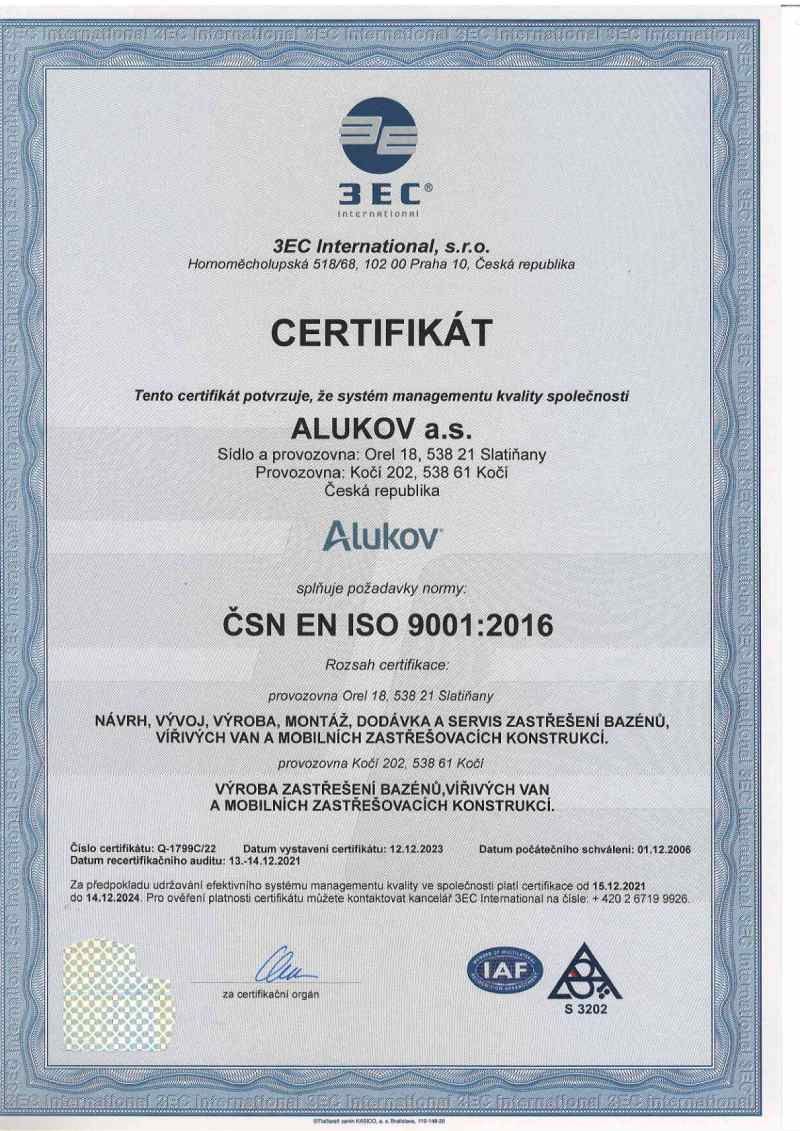 Certifikát ISO 9001 pro společnost Alukov