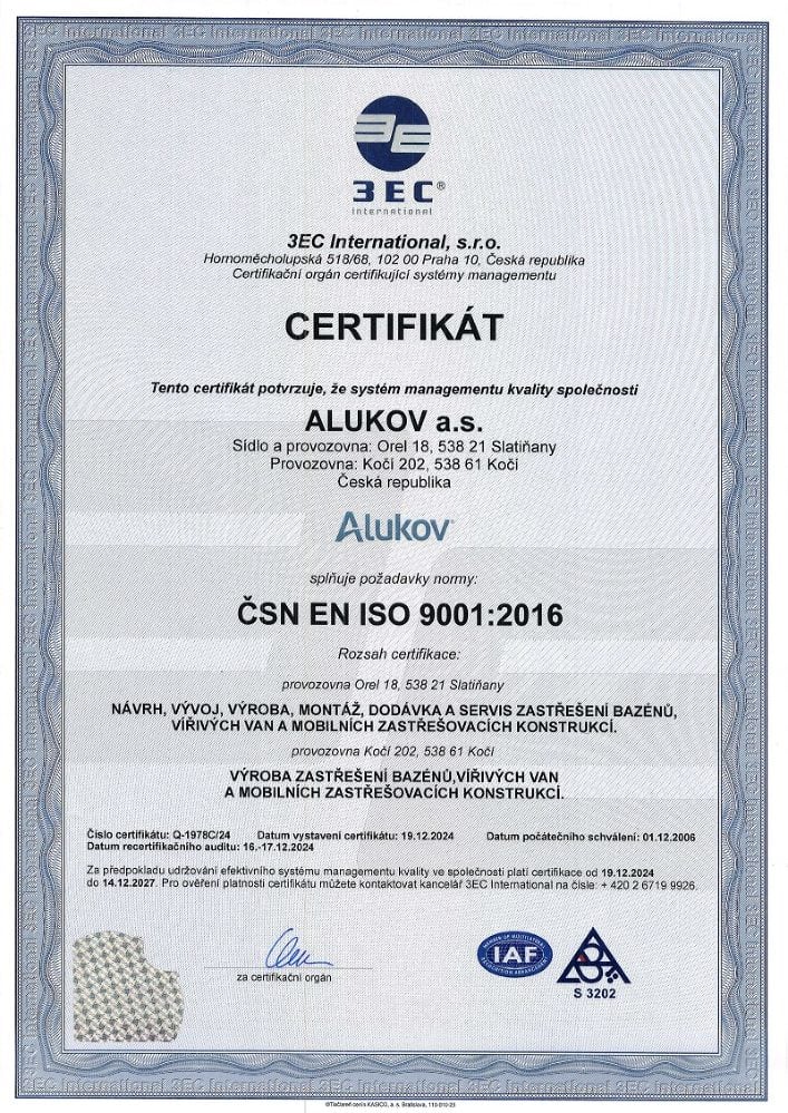 Certifikát ISO 9001 pro společnost Alukov