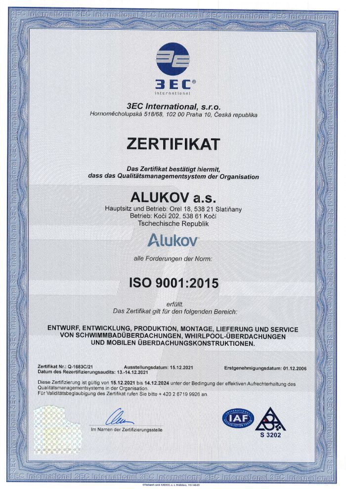 ISO 9001-Zertifikat für Alukov