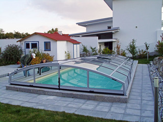 Copertura piscina amovibile per coprire la piscina: trasparente con telaio beige