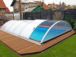 Azure pool enclosure with opened side door