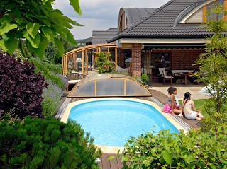 Patio enclosure Corso and pool cover Elegant with wood imitation finish