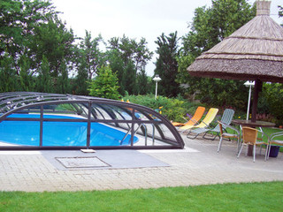 Fully opened swimming pool cover ELEGANT in beige color