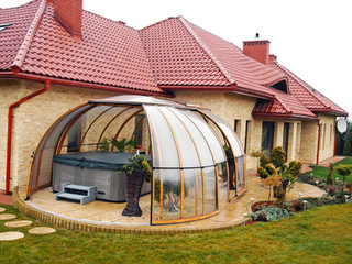 Spa pool enclosure Spa Sunhouse is large enought to host hot tub and sitting set at once