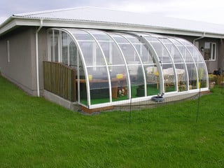 Patio enclosure CORSO Entry with white aluminium frames
