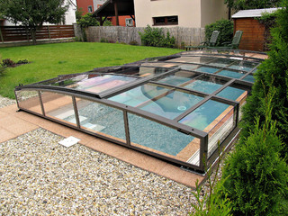 Retractable pool cover VIVA can be easily fully opened