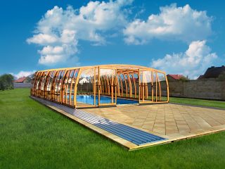 High pool enclosure Omega in wood imitation finish