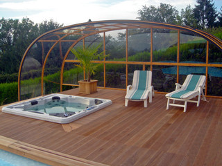 Laguna model in woodgrain, perfect size to fit swim spa