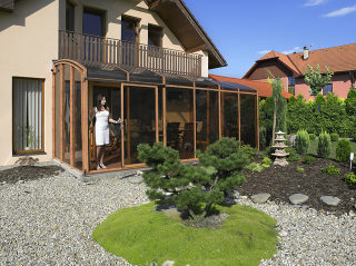 Veranda enclosure CORSO Premium - wood-like finish on aluminum frames